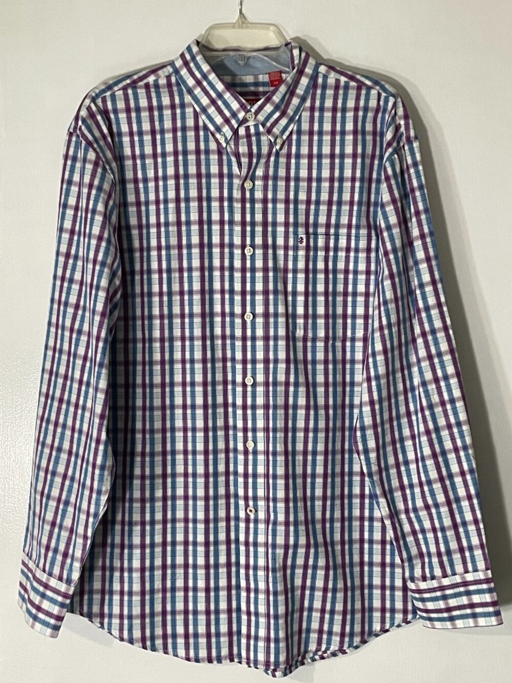 Izod Men’s Purple Blue Plaid Dress Shirt Size Large Cotton Excellent Condition